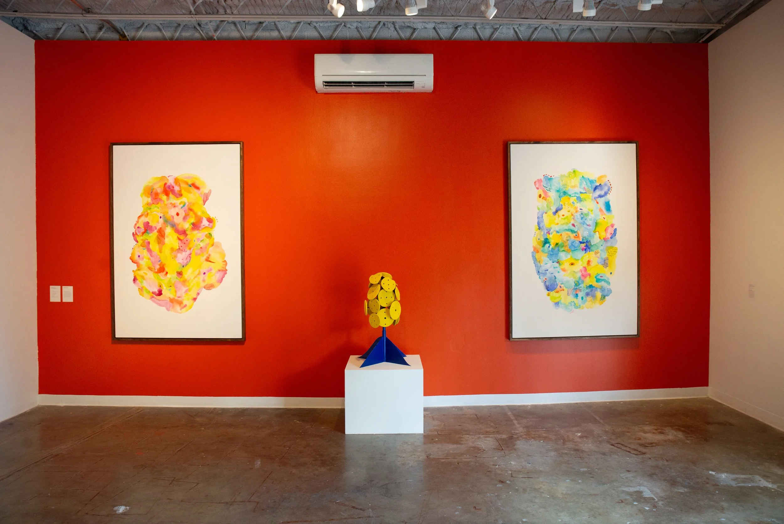   Biotic 1  (2024) Himaya watercolor and gouache on wood panel 48” x 72” x 1.5”   Flower in a Gun Barrel  (2024) Himaya ceramics and steel 18” x 18” x 32”   Biotic 2  (2024) Himaya watercolor and gouache on wood panel 48” x 72” x 1.5”  