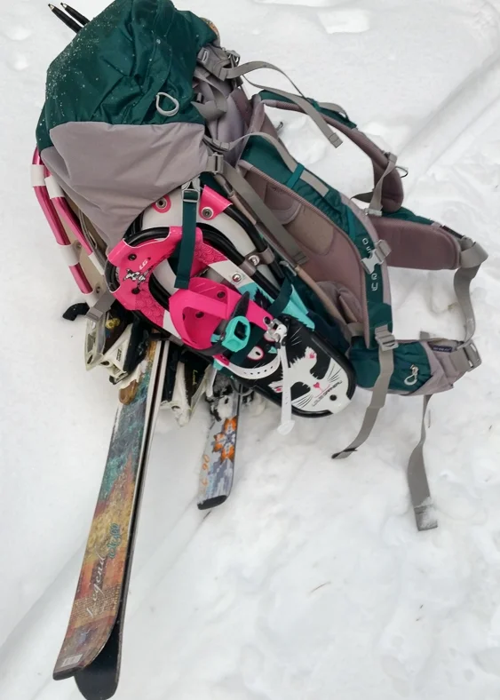 My pack loaded with our overnight gear plus double the skis and snowshoes.