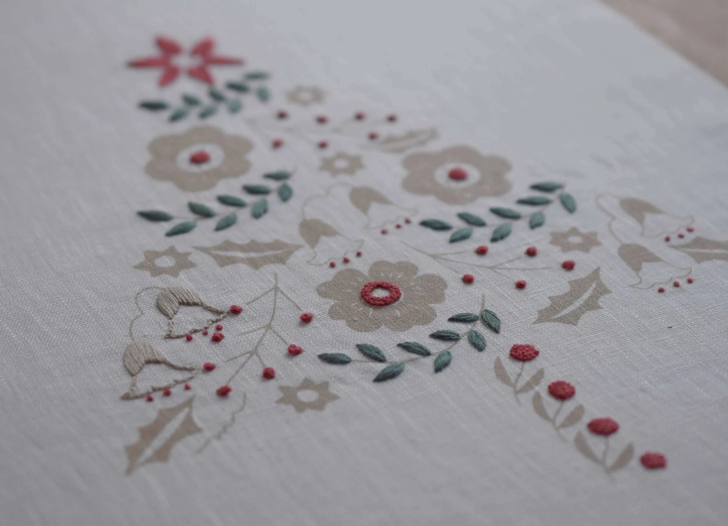 名古屋帯｜花と葉の刺繍｜北欧風デザイン｜クリスマスパーティーにも◎ 新しい帯が出来ました。モチーフはクリスマスです。 クリスマスなので