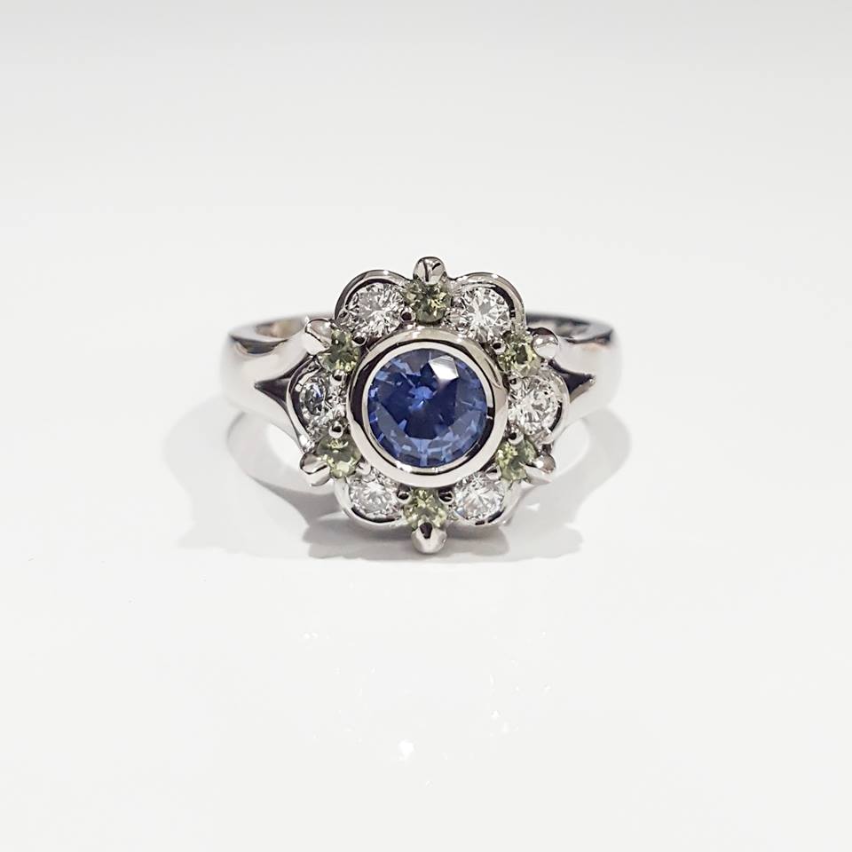 Handmade 18ct White Gold Ceylon Sapphire, Peridot and Diamond Dress Ring.