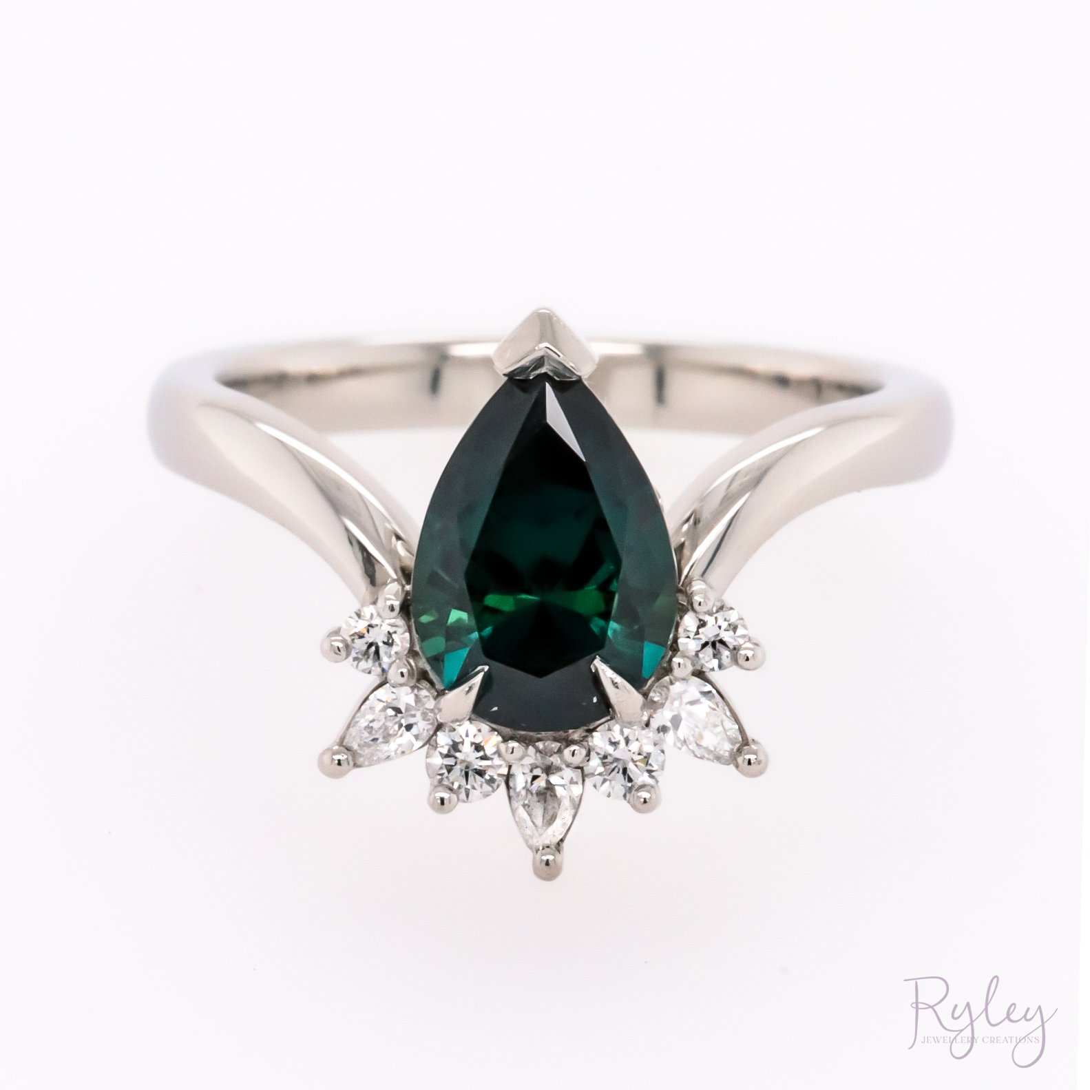 Diamond and Teal Sapphire Pear Cut Engagement Ring