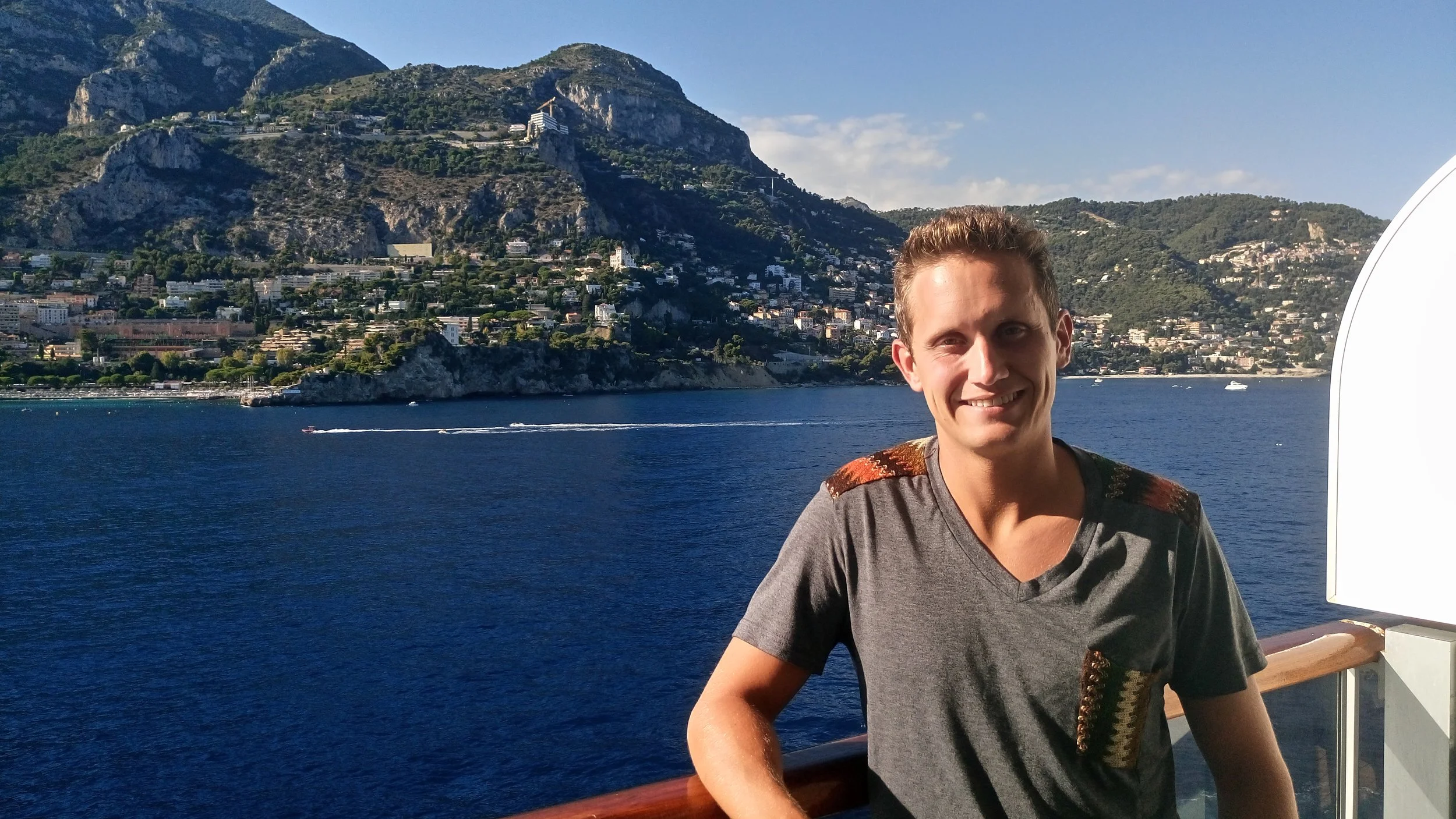 On a cruise ship sailing away from Greece on a trip with my mom