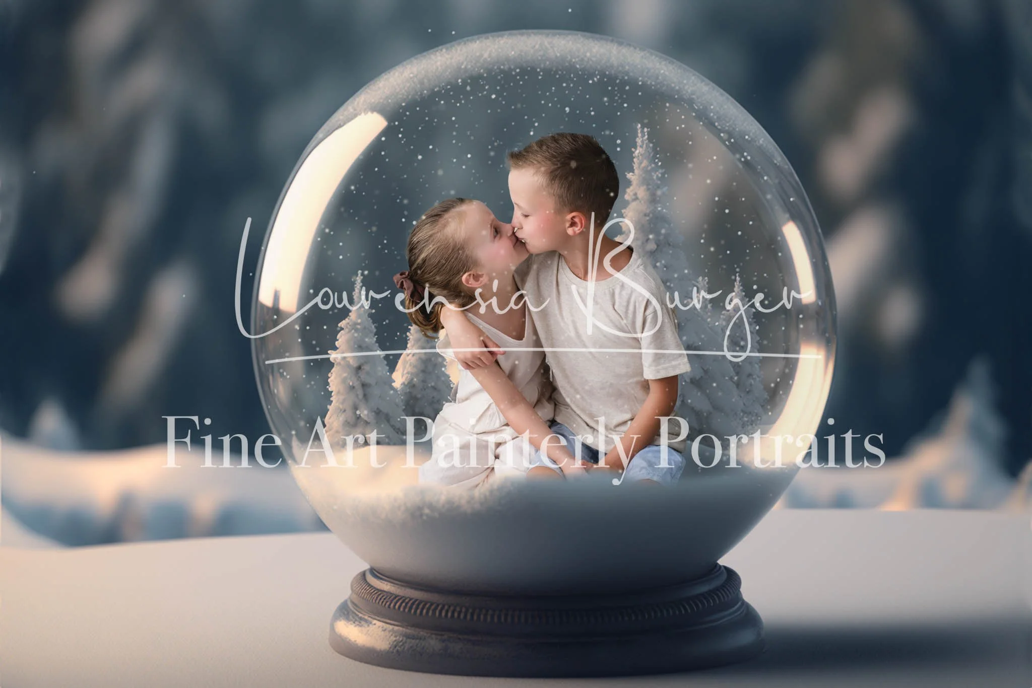 Christmas Digital Background Snow Globe Snowy mountains with little