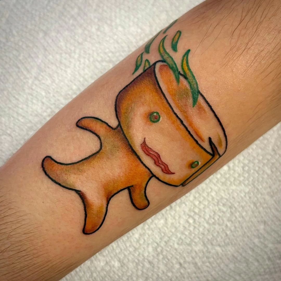 &quot;Run, run, run, as fast as you can&quot;...to book your next tattoo with Hayley of @haykrytattoos. Who else read &quot;the stinky cheese man and other fairly stupid tales&quot; growing up?! 👃🧀🫒🥓

#fairytaletattoo #stinkycheese #cincinnatitat