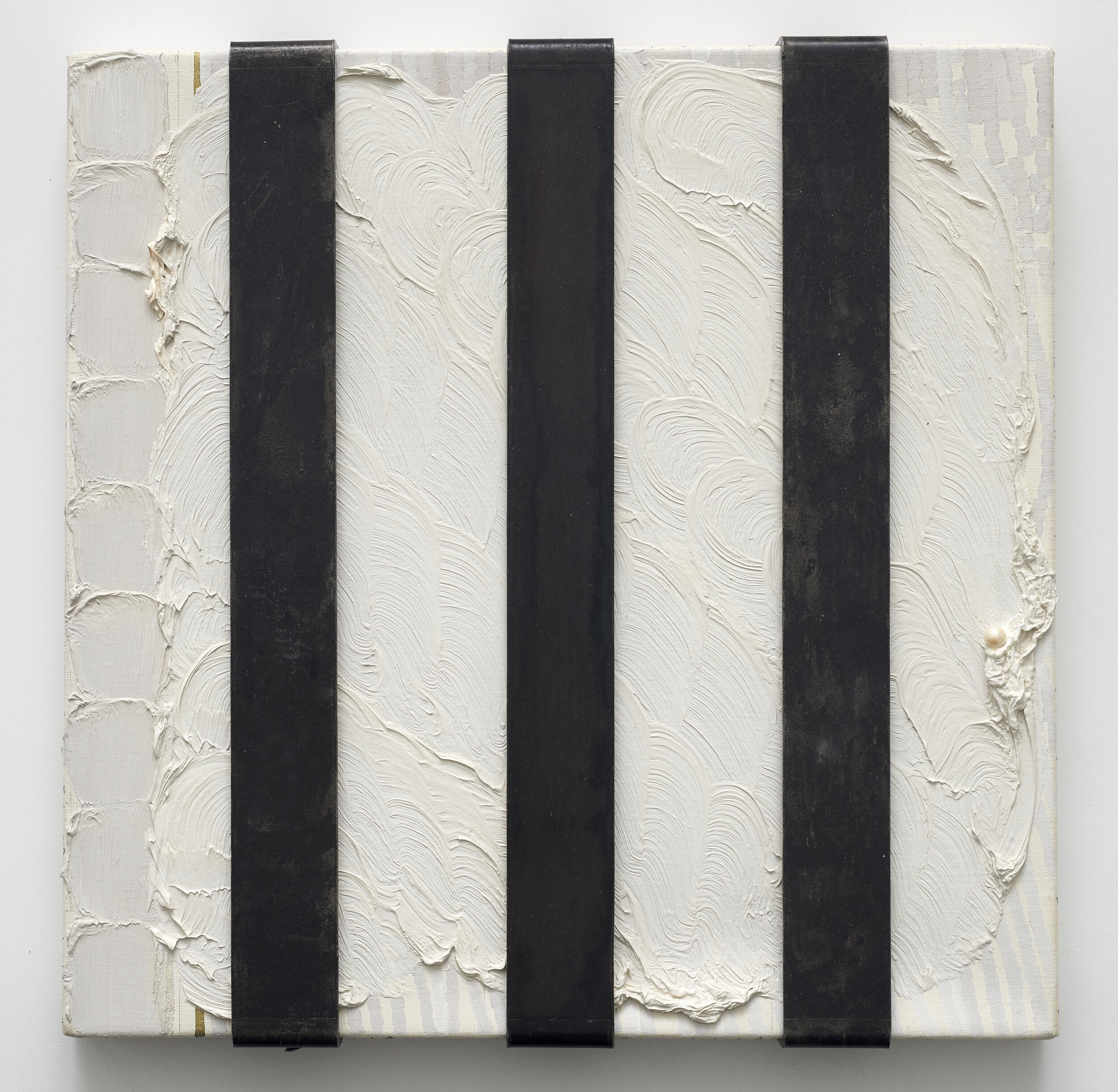  “Love Song”, 2013-2019, oil on canvas and steel bars with a pearl, 14 x 14 in 