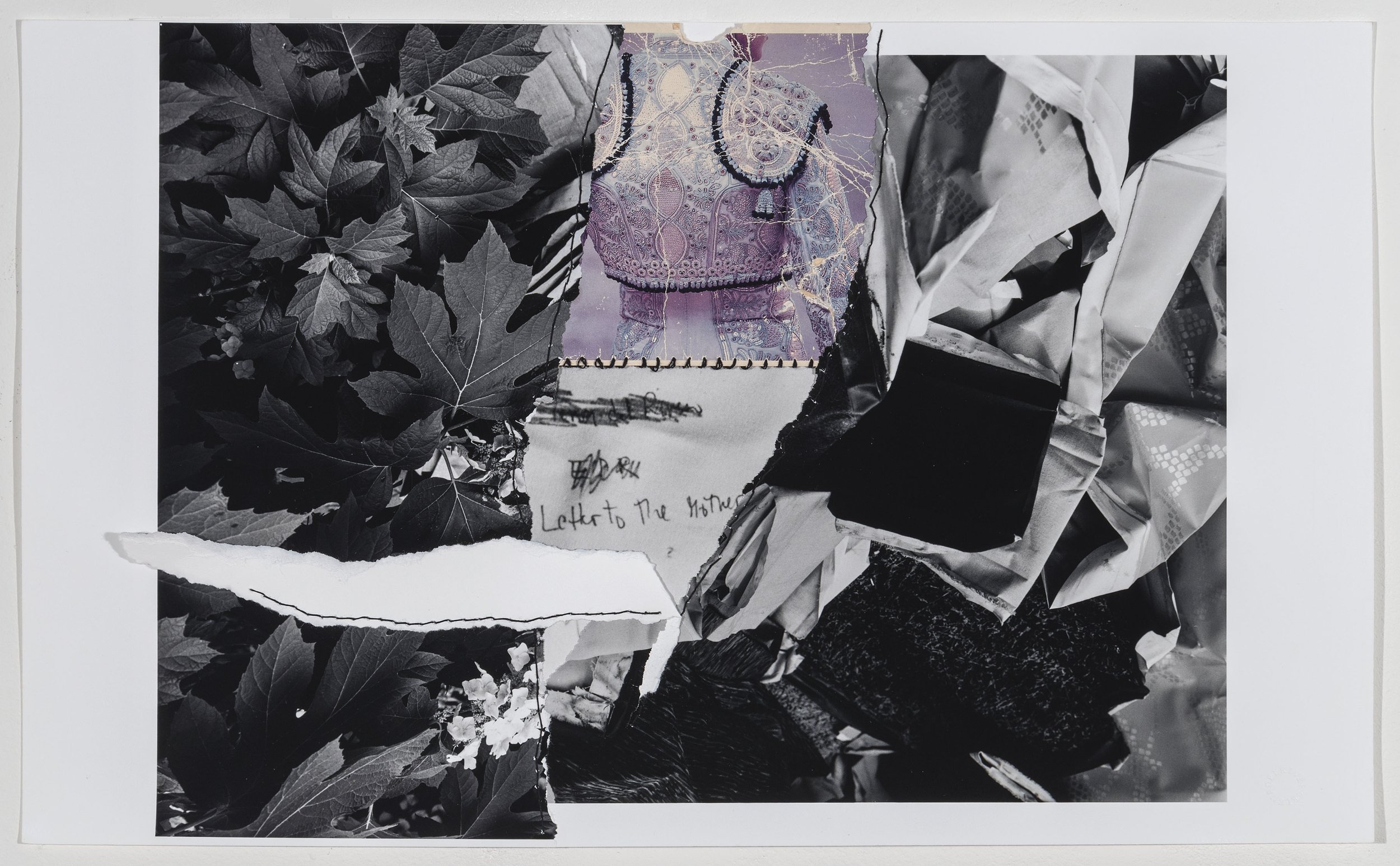  #43   2014-2018   Collaged selenium toned silver gelatin prints with thread and vintage postcard of Curro Romero   11” x 18”  