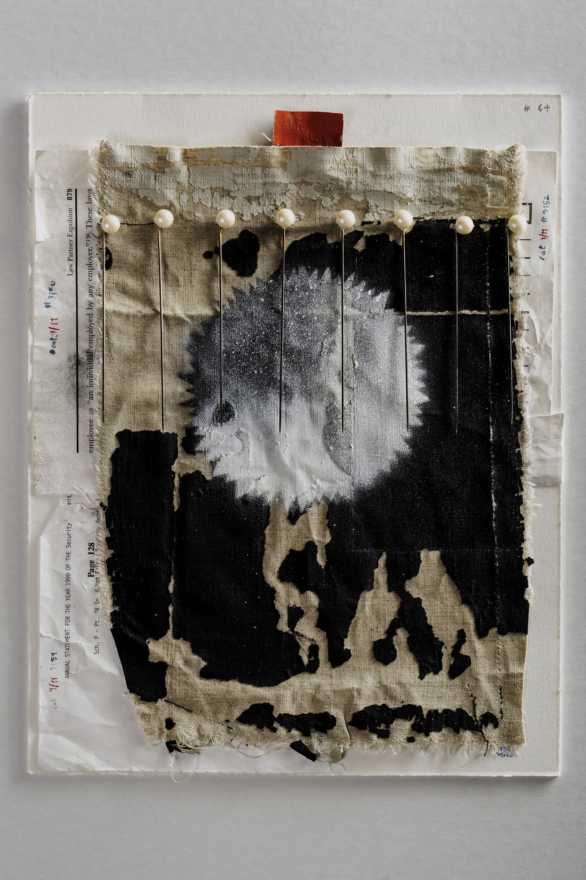  Memory I, #64  2020   9/11 and Sandy salvaged fragments of oil on primed linen, stitching, graphite, 9/11 found fragments of documents, ink on paper, fake pearls, needles and ink on museum board   11-1/2” x 9”  