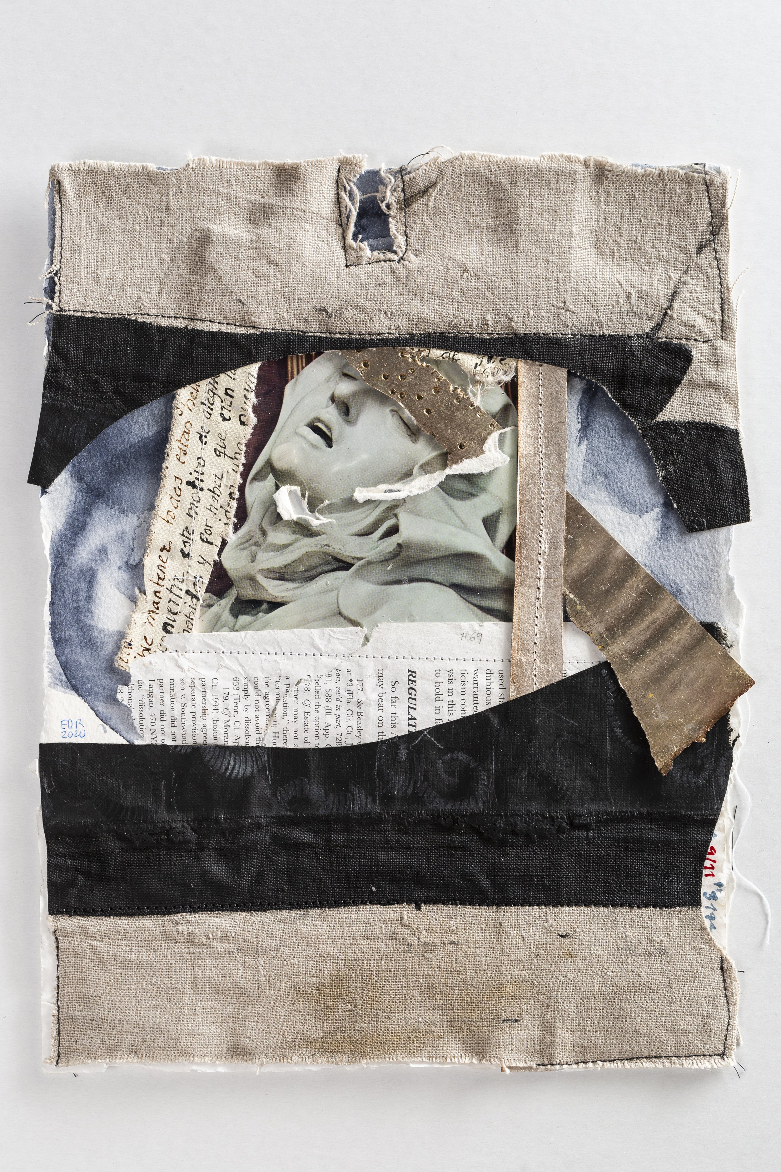  Memory I, #69  2020   9/11 and Sandy salvaged fragments of oil on primed linen, silver leaf on primed linen, ink on primed linen, stitching, 9/11 damaged postcard, Bernini’s Ecstasy of Santa Teresa, Chiesa Della Vitoria, Rome, 9/11 found fragments o