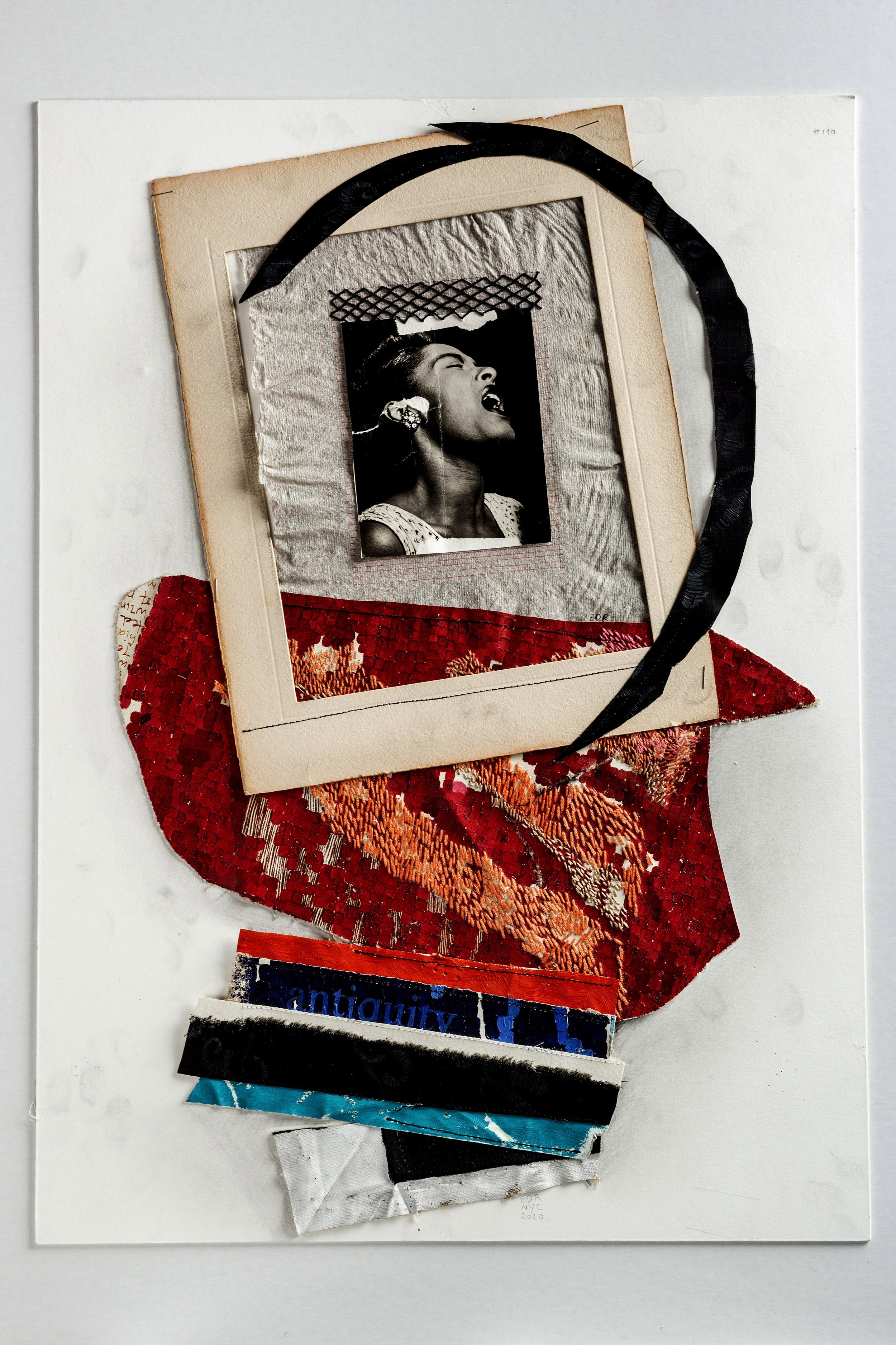  Memory I, #110  2020   Collage with 9/11 and Sandy salvaged fragments of oil on linen, stitching, found cardboard frame, staples, graphite and 9/11 damaged postcard (Billie Holiday) with pencil on hand-made abaca paper on museum board   23-1/2” x 17