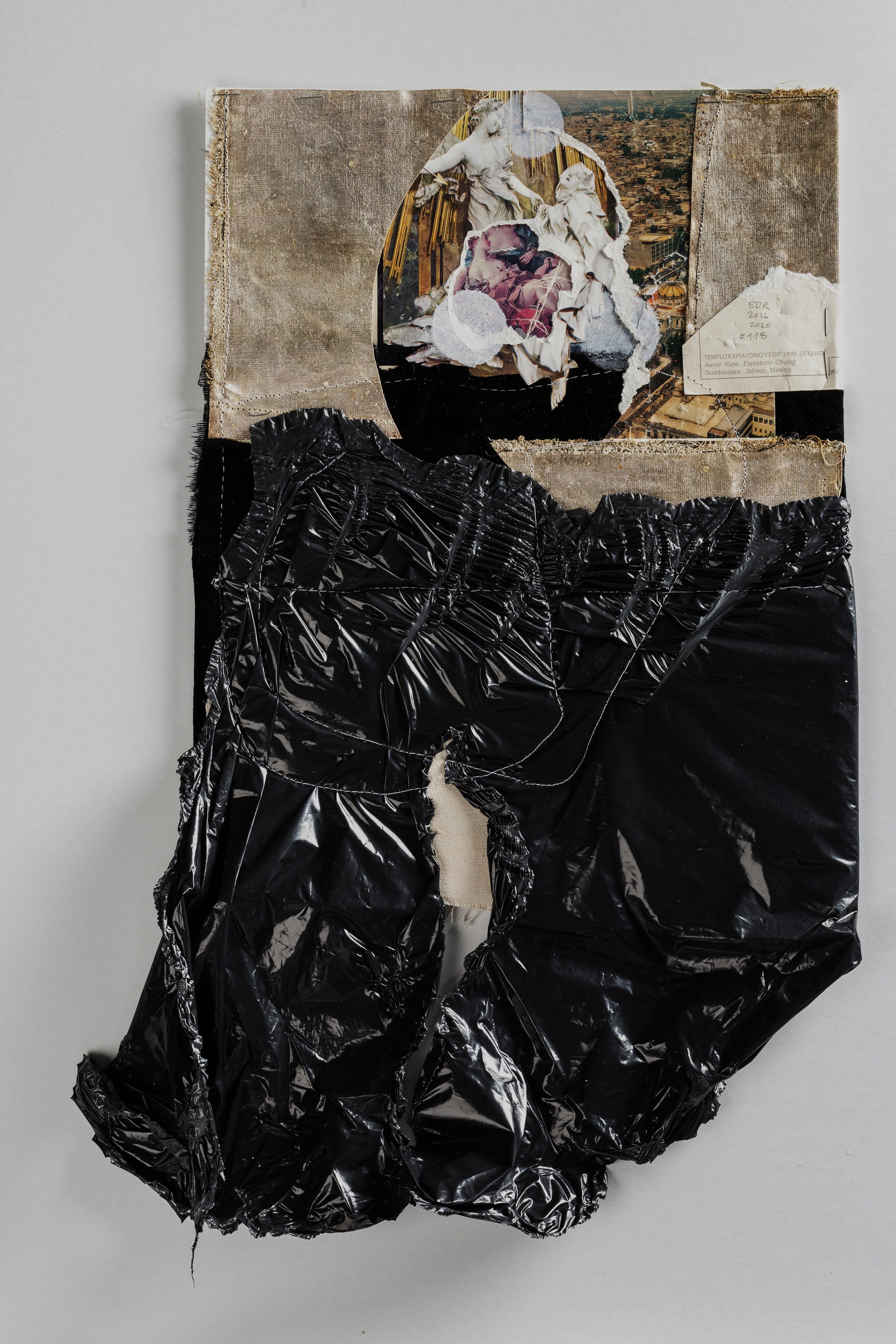  Memory I, #115  2020   Collage with 9/11 and Sandy salvaged fragments of primed linen, silver leaf on linen, stitching, staples, ripped kitchen bags, damaged postcard collage (Aerial view of Guadalajara, Mexico, Bernini, Ecstasy of Saint Teresa, 164