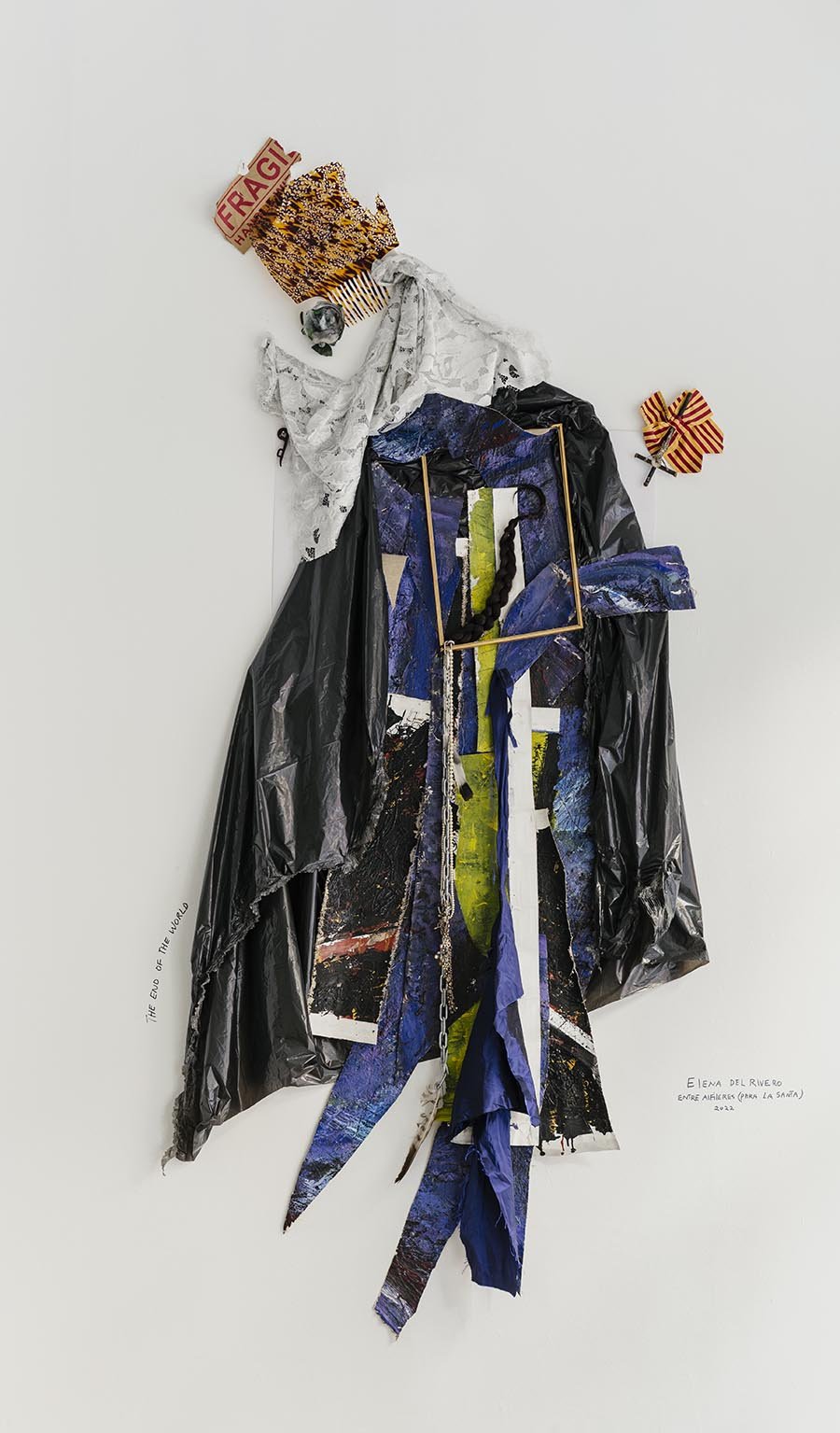   Entre Alfileres  Assemblage with fragments of Elena’s paintings from the 80’s, her mother peineta, found objects, lace mantilla,  And various materials Unframed  190x86cms  