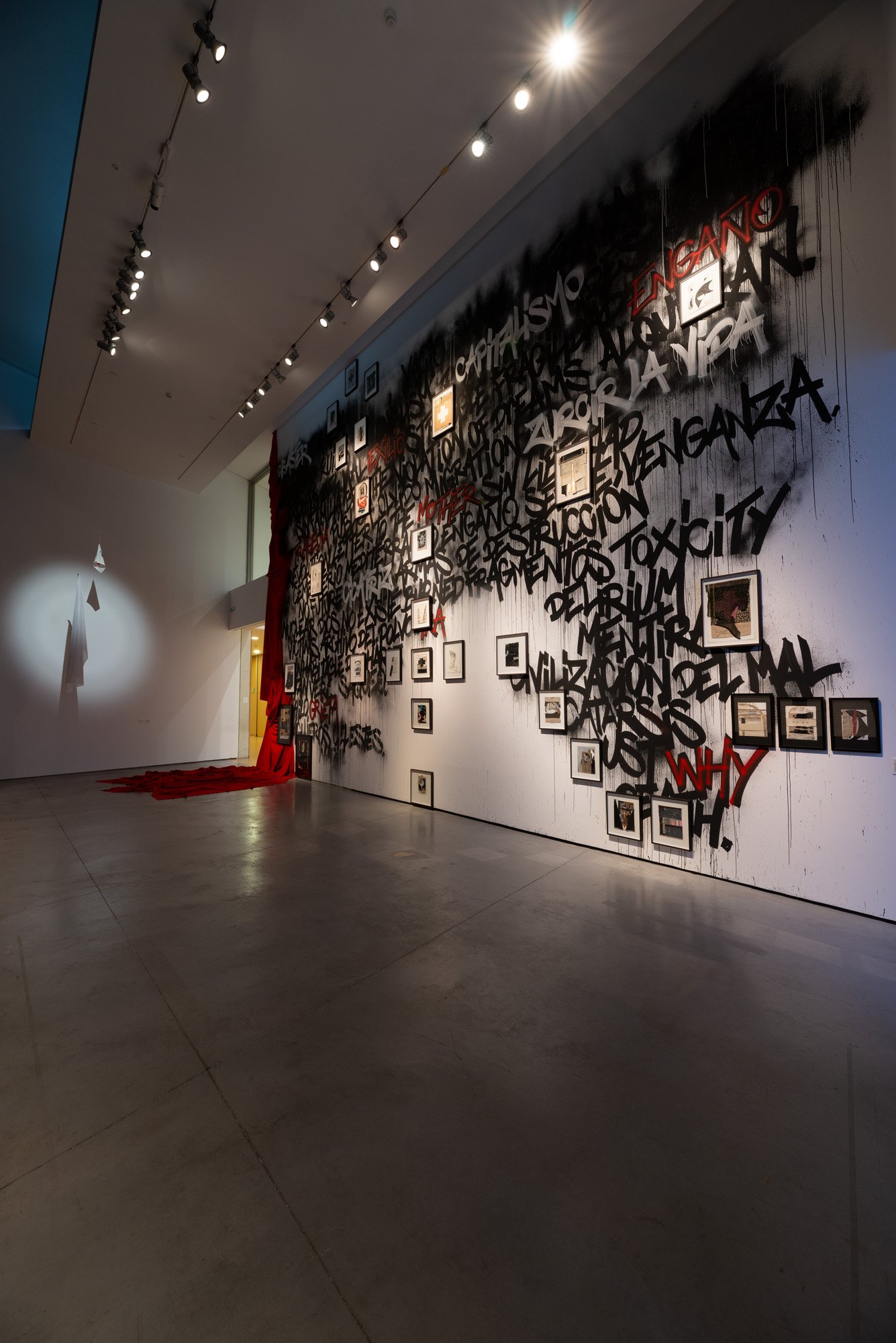  The Archive of Dust, installation views of collages over a graffiti wall by Ovas, Es Baluard, Museum of Contemporary Art, Palma de Mallorca, SP, 2021, curated by Mateo Feijoo 