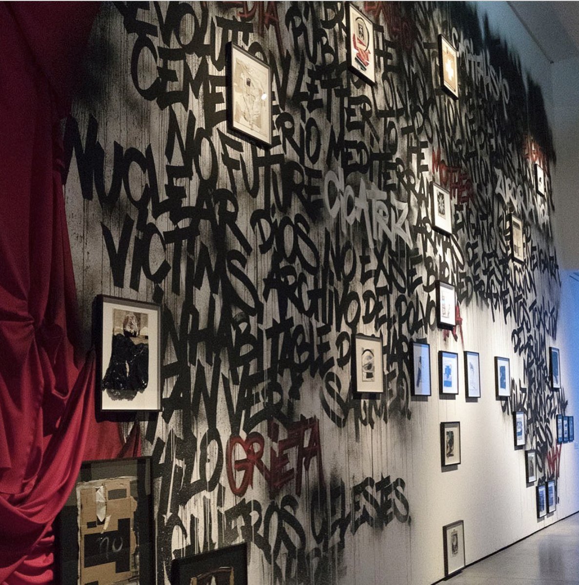  The Archive of Dust, Installation views with collages over a graffiti wall by OVAS, Es Baluard, Museum of Contemporary Art, Palma de Mallorca, SP, 2021, curated by Mateo Feijoo 