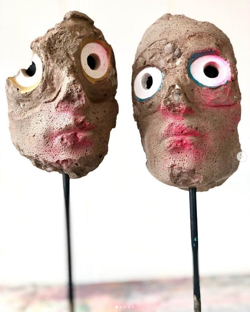 Mask 4 and mask 5 (viewers), concrete and jesmonite on stands