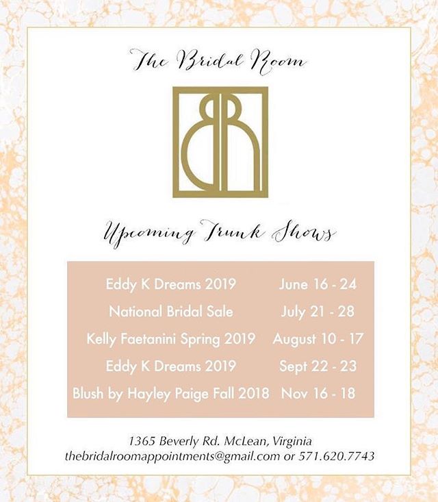 Mark your calendars! Enjoy 10% off your gown when you purchase from one of our trunk shows, and 30-50% off samples during the National Bridal Sale in July. Note that we are almost out of spots for our @eddyk_bridal show this weekend ✨💕