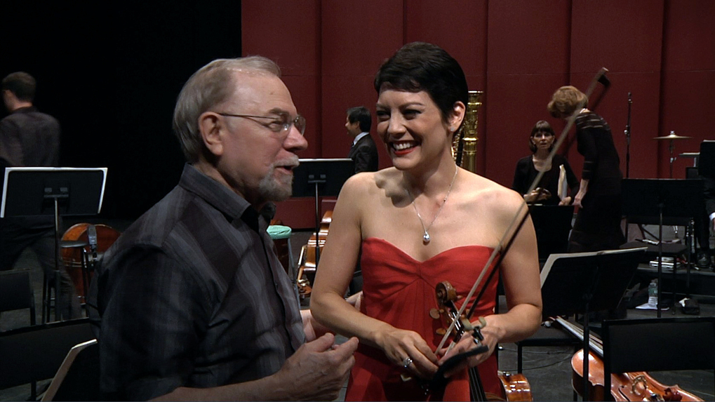 Composer Samuel Jones and violin soloist Anne Akiko Meyers after the TV filming of his new concerto for “All-Star Orchestra.”