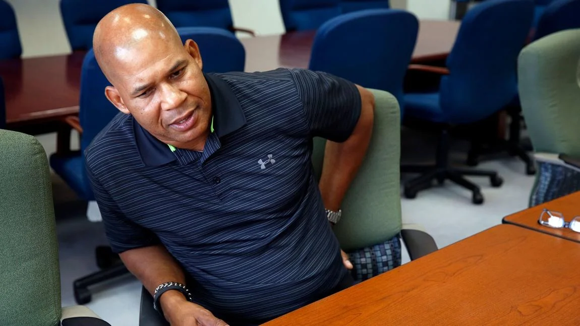 Retired Marine Joe Sturdivant discusses the chronic back pain he had after 22 years in the military. (Nancee E. Lewis for the San Diego Union-Tribune)