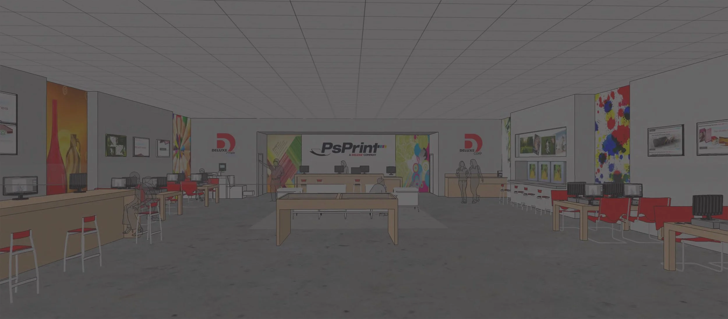 murakami/Nelson developed a 3,000 s.f. interior prototype design for Delux Corporation's new PsPrint retail stores. For the first store in the Chicago area, the prototype was adapted to an existing 1,600 s.f. space. murakami/Nelson provided design criteria documents for a design/build contractor in the Chicago area. Services included selection of furnishings, finishes, and color. The design incorporates recessed wall areas that highlight large graphic prints, an important product line for PsPrint and wall monitors for continuously changing product information.