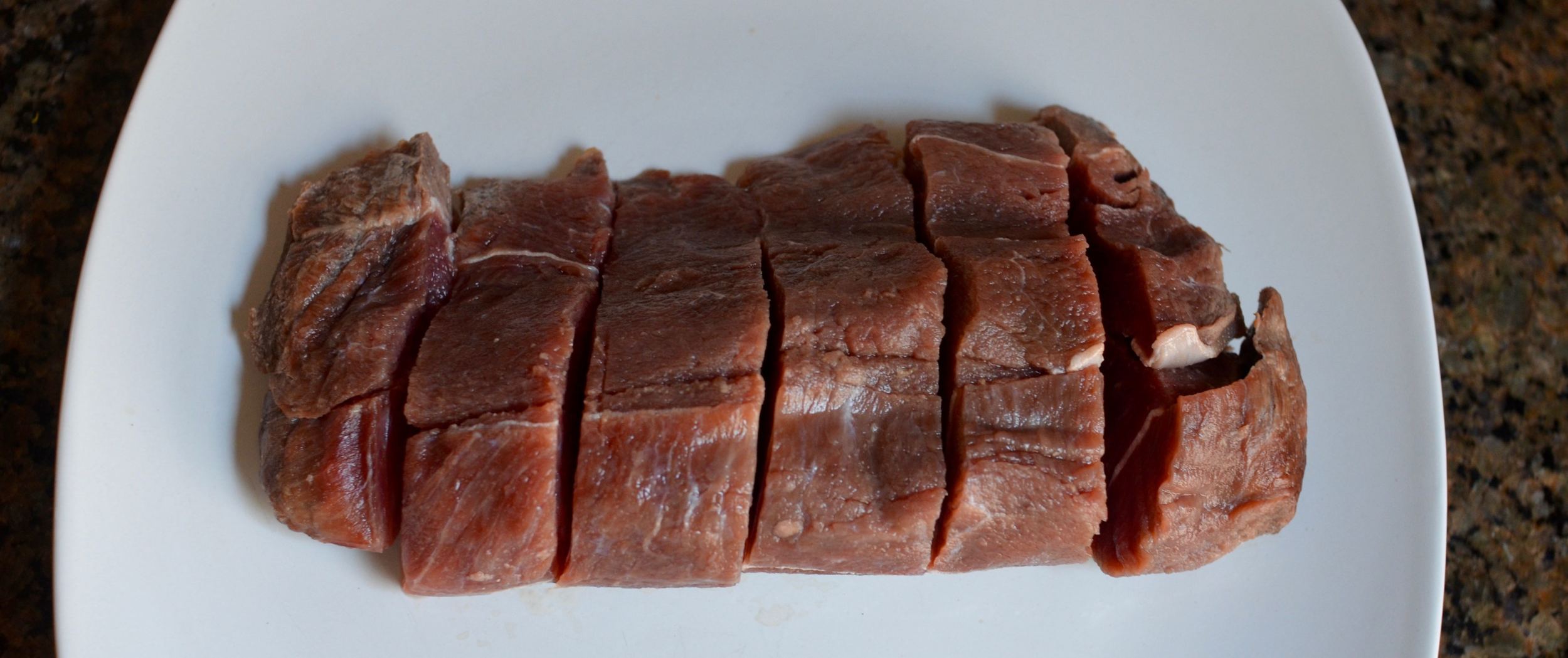  Sliced steak, about 1 x 1 x 3 inches. You can make smaller pieces or keep it as one whole steak. 