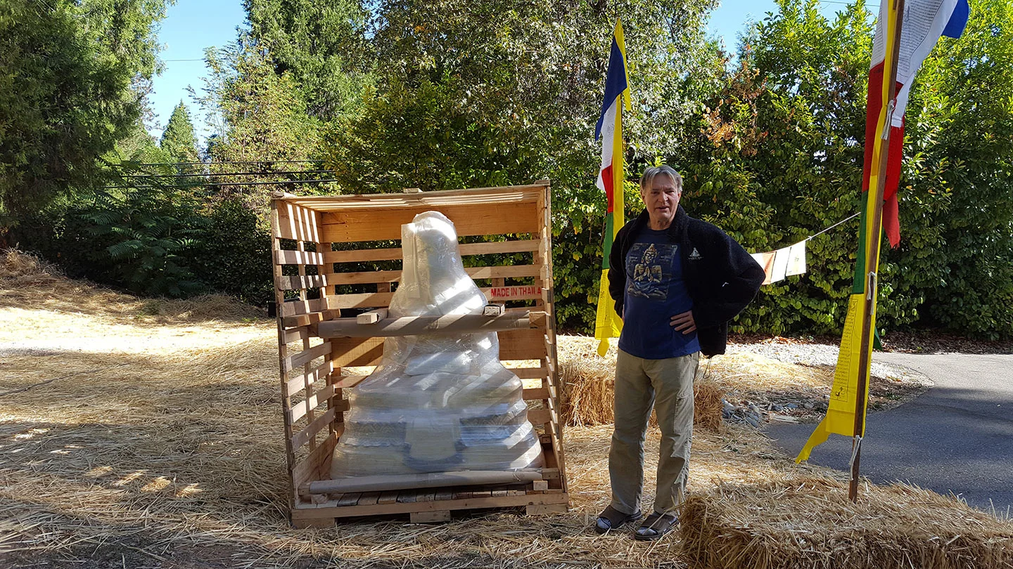 Founding Teacher John Travis with newly arrived Amitabha Buddha