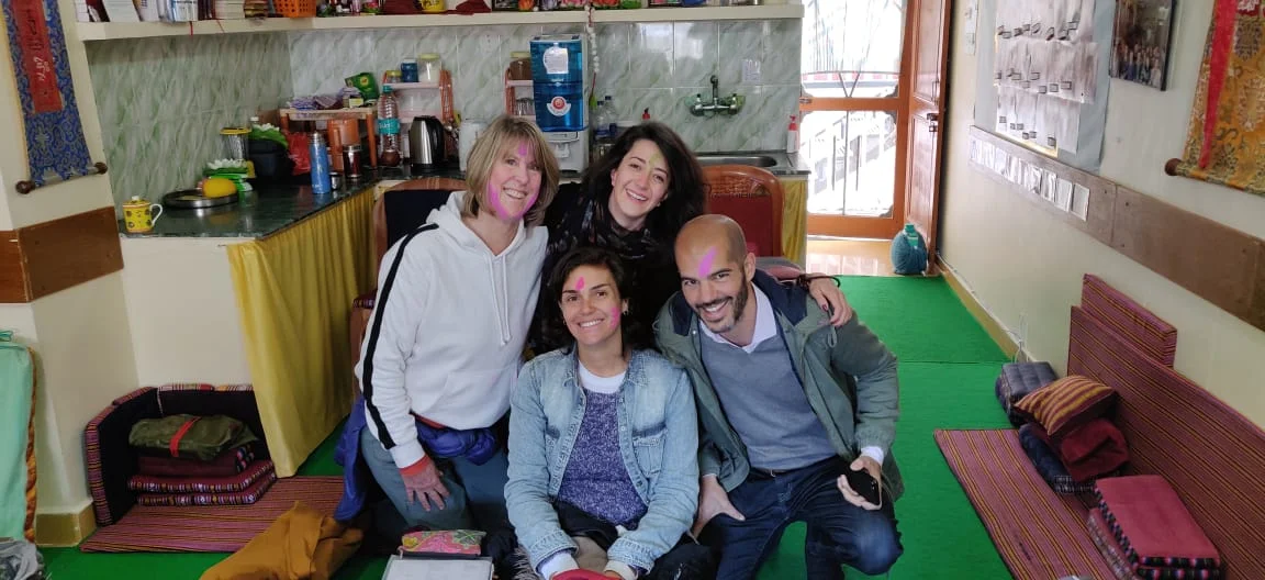 Cindy Shaw with other dharma students in Dharamsala during the big Spring Festival of Holi, when everyone gets splashed with brightly colored powders.