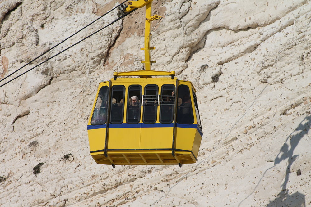 Riding the tram back up from the grottos.