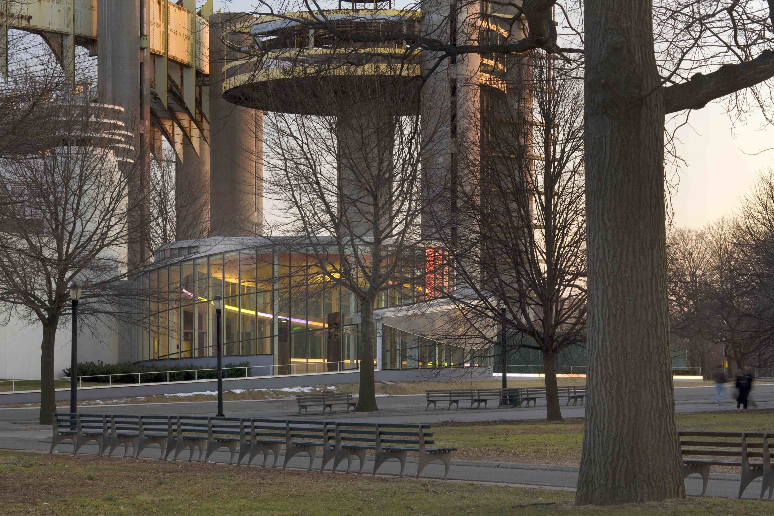  Building seen through Flushing Meadows Park 