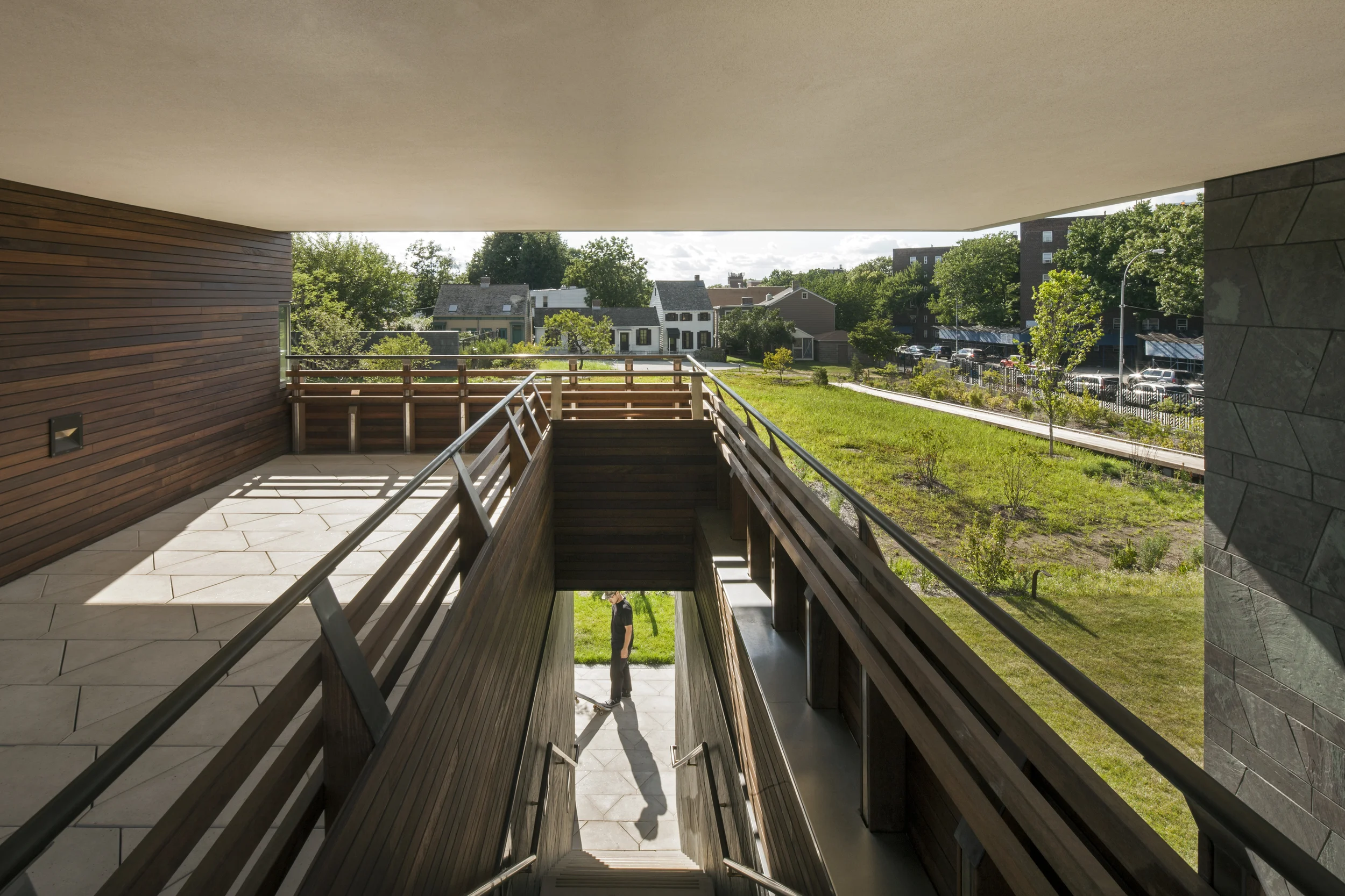 View from upstairs office level to historic houses
