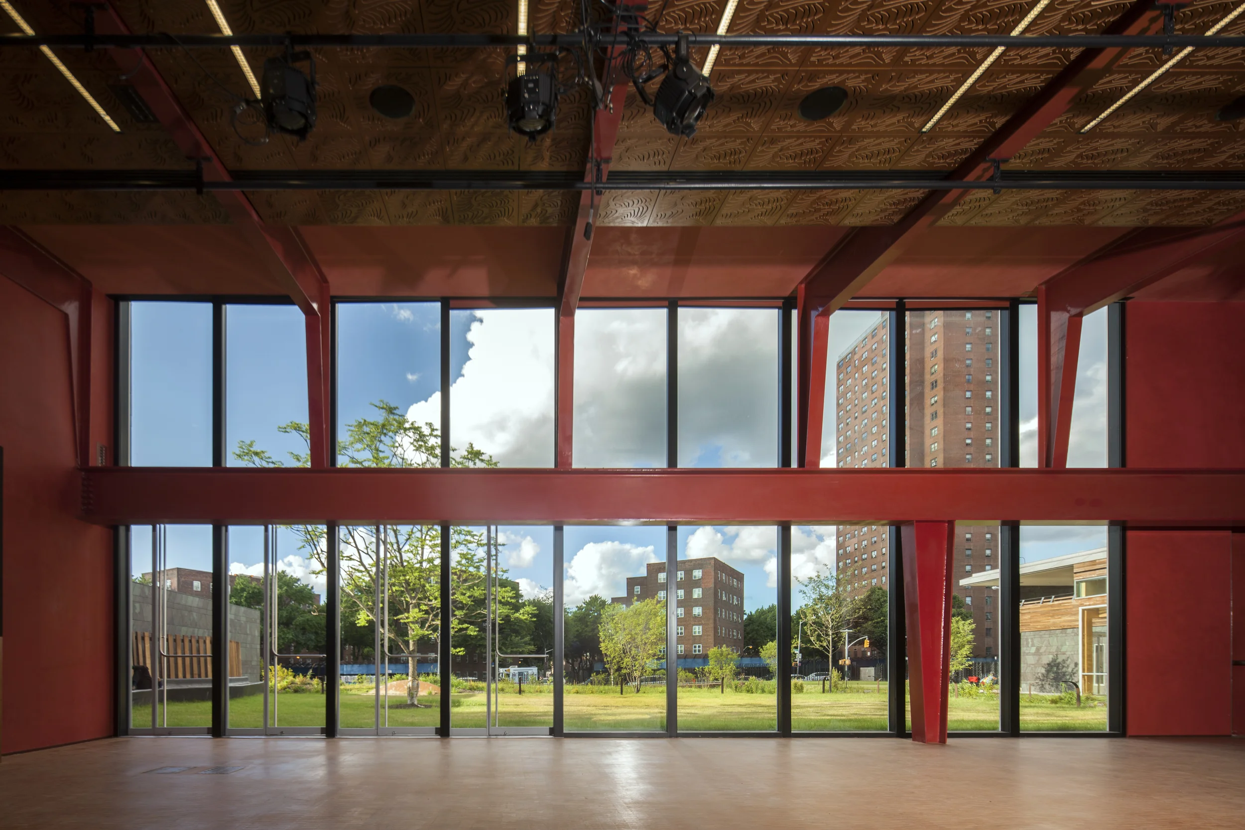 View from performance room onto courtyard and landscape