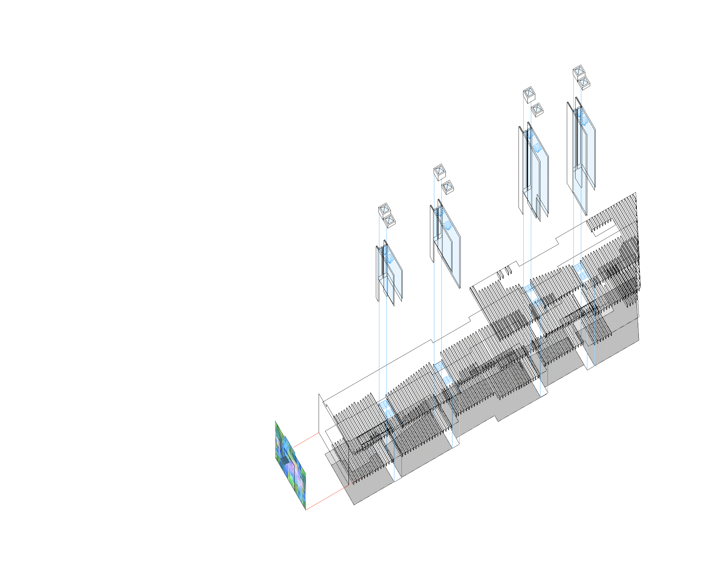  Axonometric: Disposition of light shafts and repurposed façade&nbsp; 