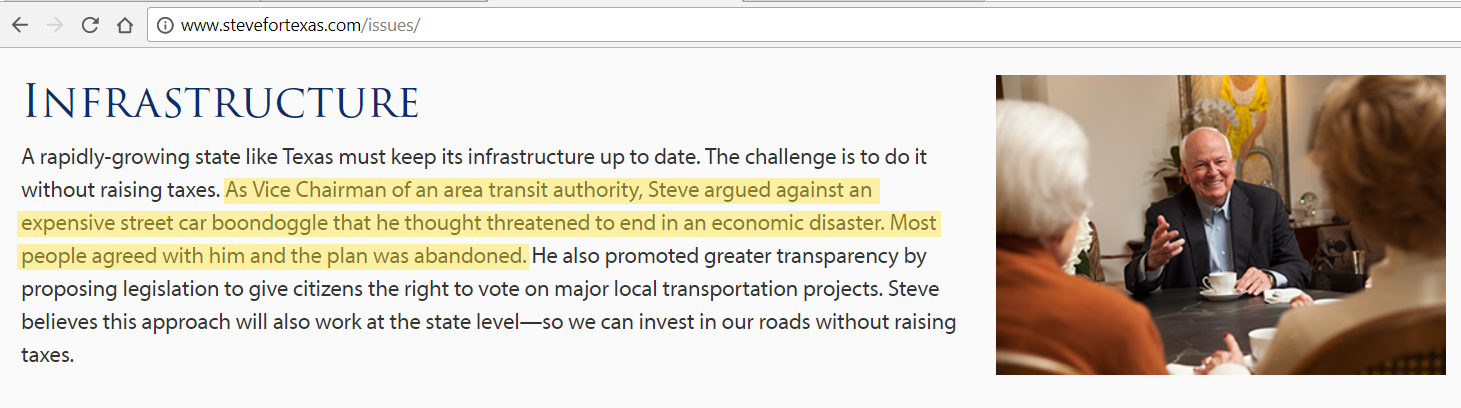 Screenshot from Steve Allison's campaign website, taken on January 24, 2018. Website falsely claims that Mr. Allison argued against the Street car and worked to stop the project.