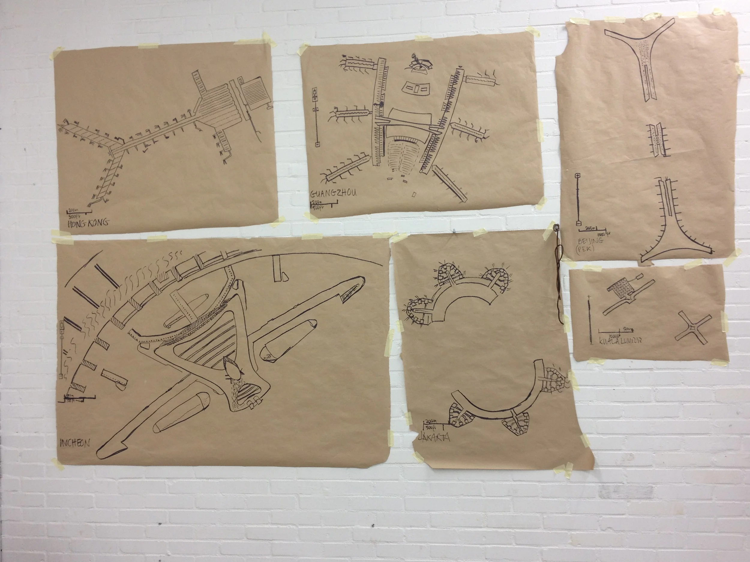 Airports in SE Asia — tracings at various scales. Top row, L-R: Hong Kong, Guangzhou, Beijing. Bottom row: Incheon (partial view), Jakarta, Kuala Lumpur.