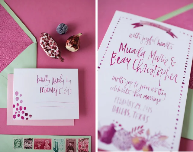 Custom watercolor lettering on this wedding invitation suite