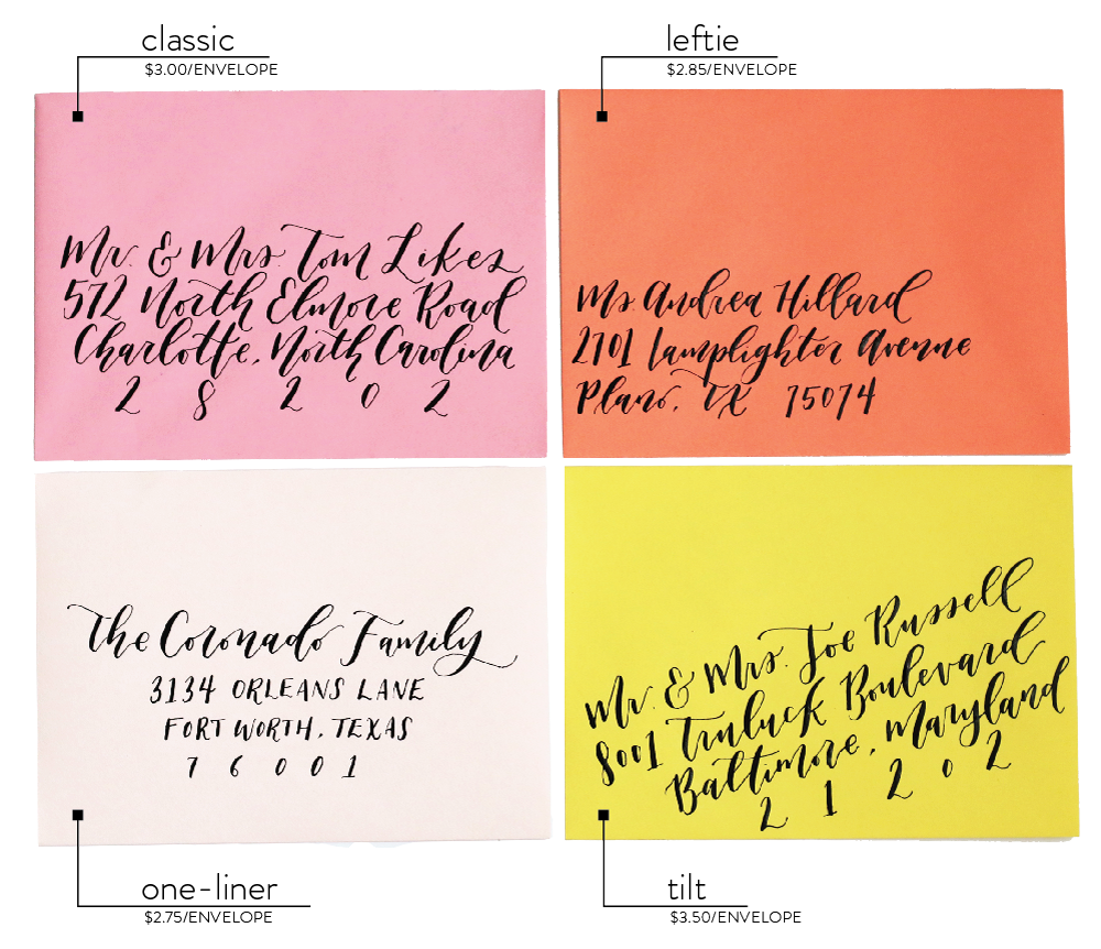 Goldie Design Co. Custom Wedding invitation calligraphy styles