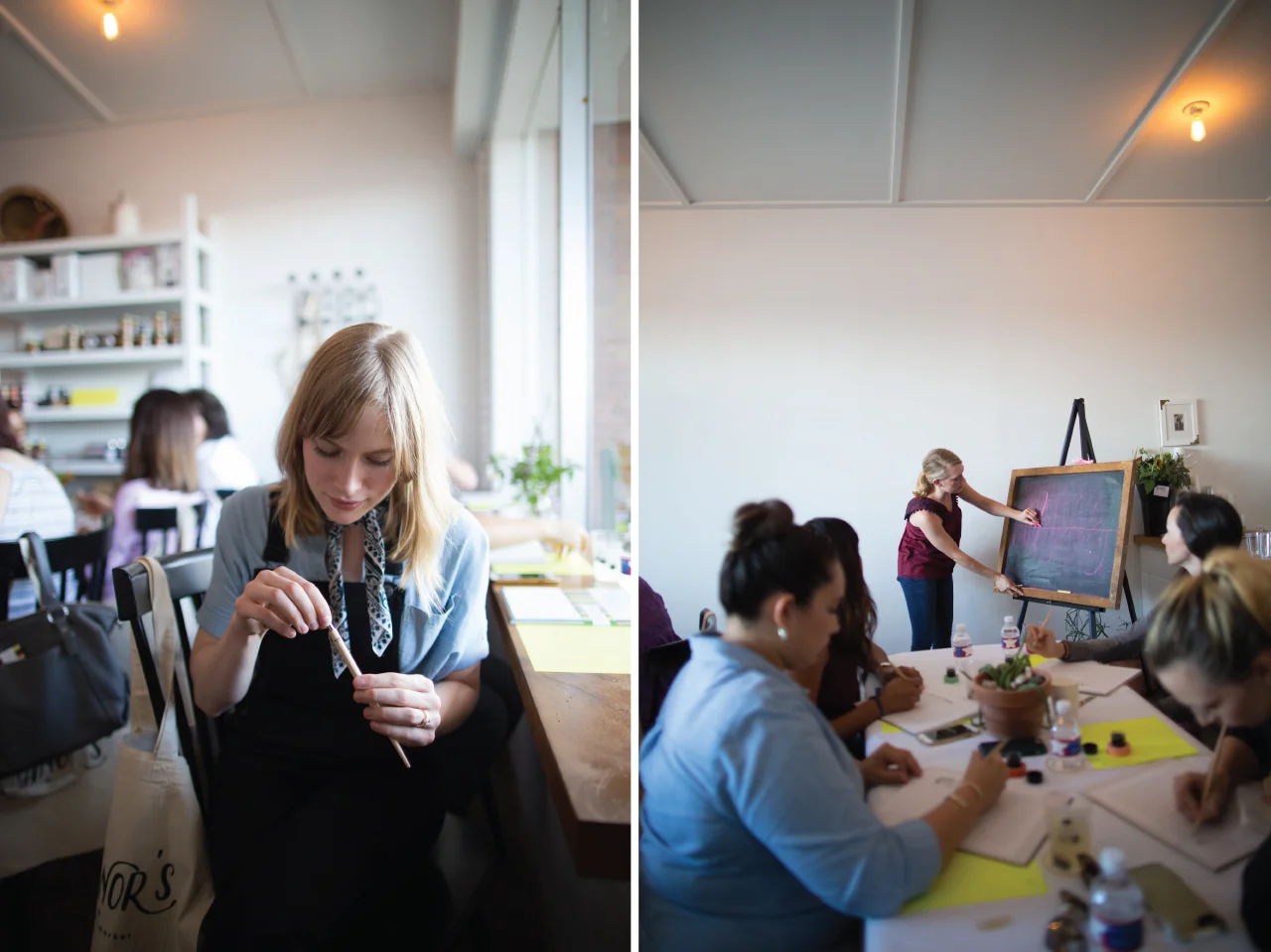 Student's at Eleanor's Coffee Bar + Market taking a Goldie Design Co. modern calligraph class!