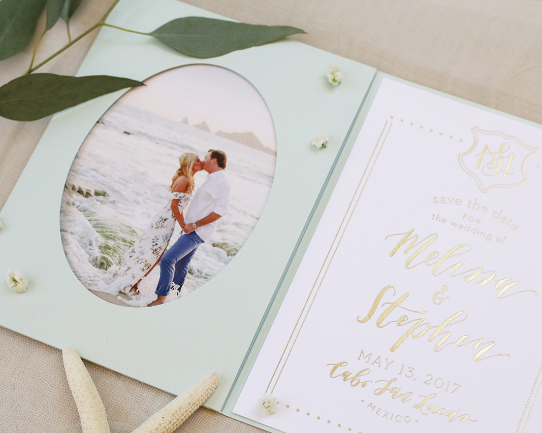 Cabo San Lucas destination wedding Save the Date, elegantly printed in gold foil.