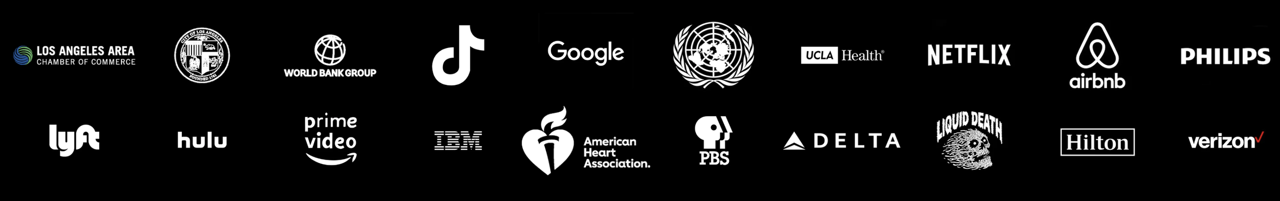Logos of clients served: Los Angeles Chamber of Commerce, Los Angeles Mayor's Office, Google, The World Bank, United Nations, Netflix, and Prime Video