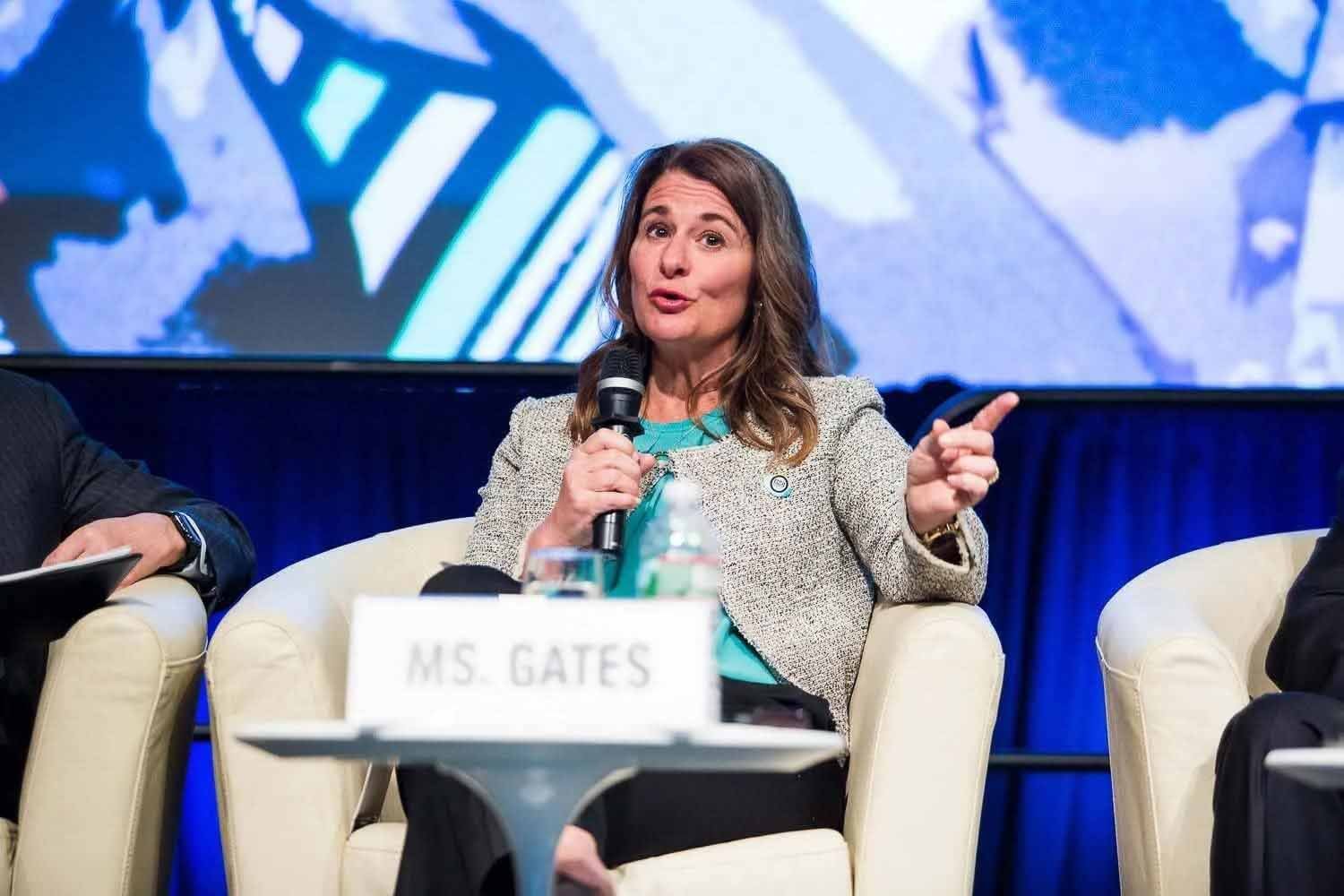 Philanthropist Melinda French Gates delivering a keynote speech about women's economic power at a Pivotal Ventures event.