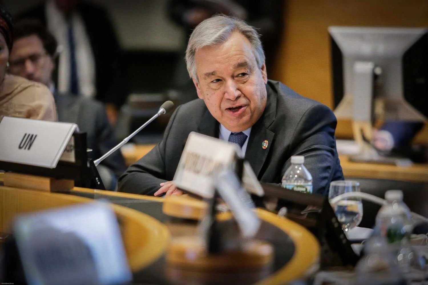 United Nations Secretary-General António Guterres delivering a keynote address on global cooperation and climate action during a summit in Los Angeles.