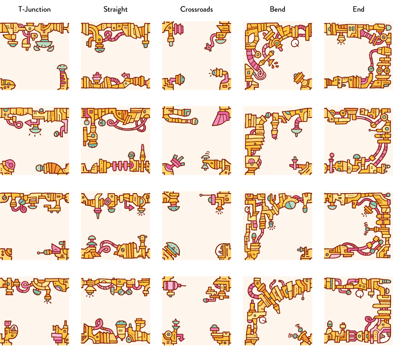 (Above) A selection of some of the tile sets that I created. 5 tile pieces were required, and I created variations for each piece.