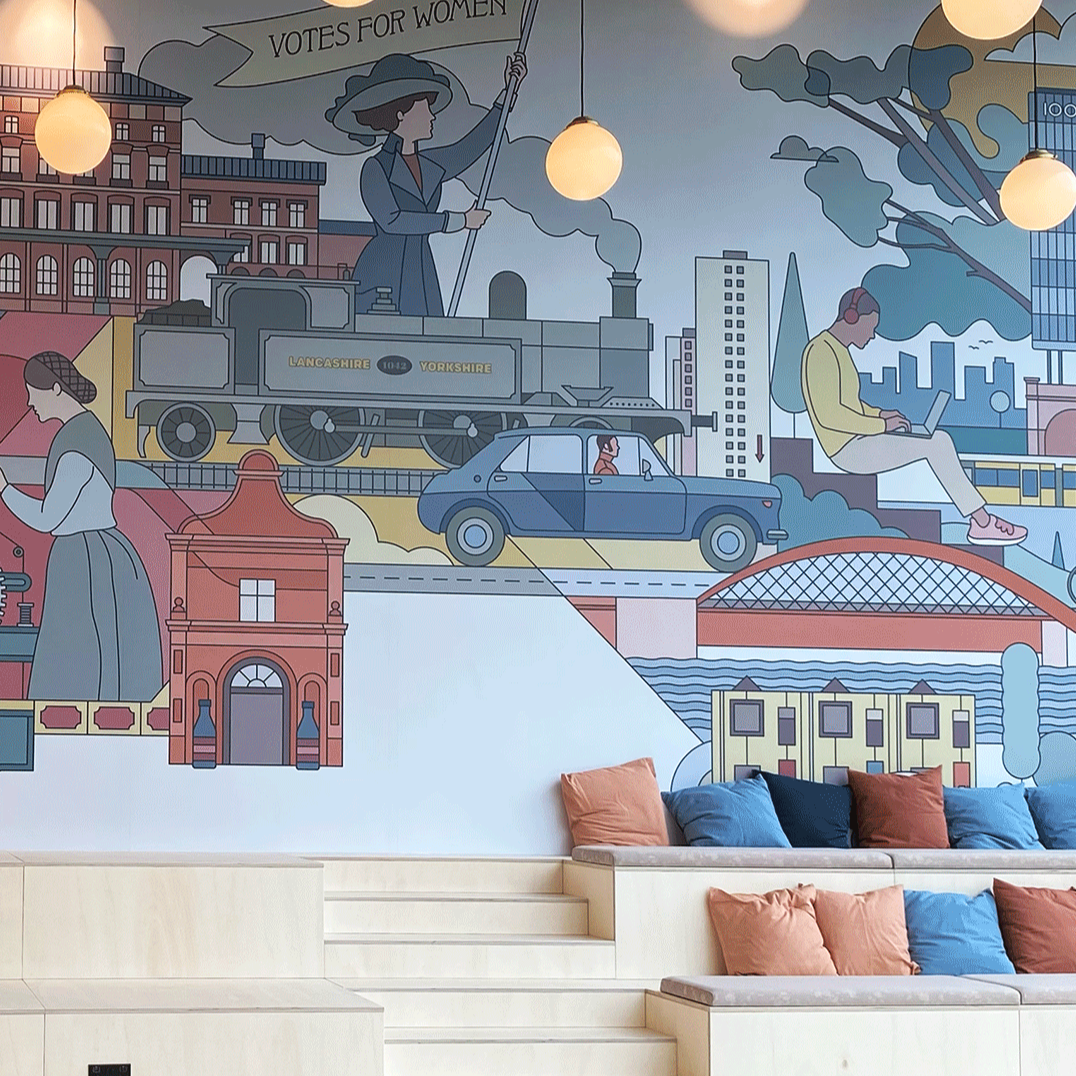 Photograph of Salford story mural in the reception area of x+why at 100 Embankment, Salford