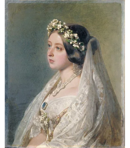 Queen Victoria, in her 1840 wedding dress and veil, painted in 1847 by Franz Xaver Winterhalter as an anniversary gift for her husband, Prince Albert. 