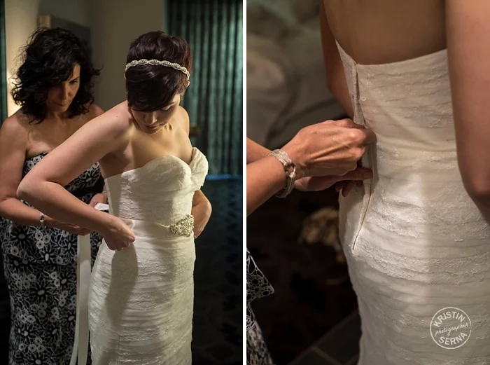 Zipping up the Wedding Dress. Photography by Kristin Serna