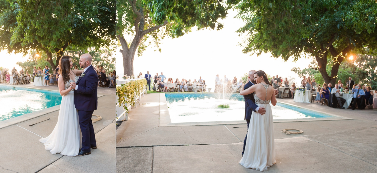 Bride and groom's first dance near pool
