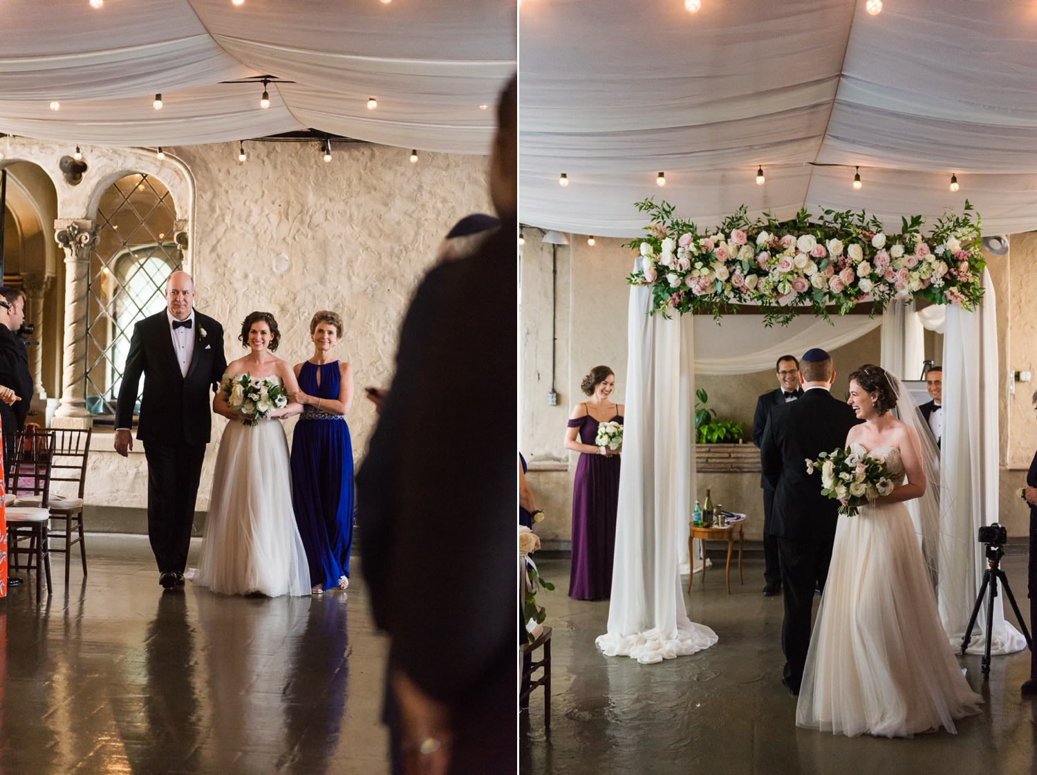 Bride being walked down the aisle by her mother and father