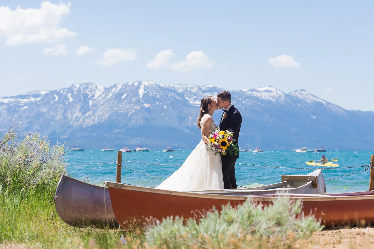 Bride and groom kissing at Lake Tahoe