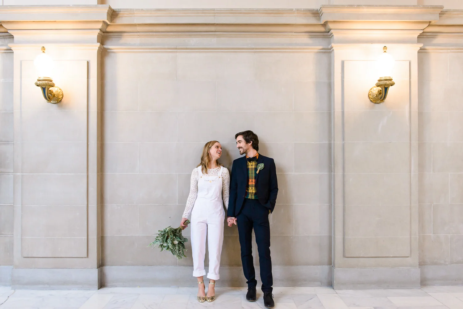 White bridal overalls at SF City Hall