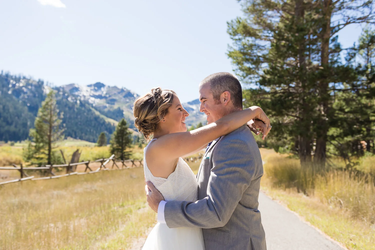 Bride and groom's first look at Squaw Valley wedding