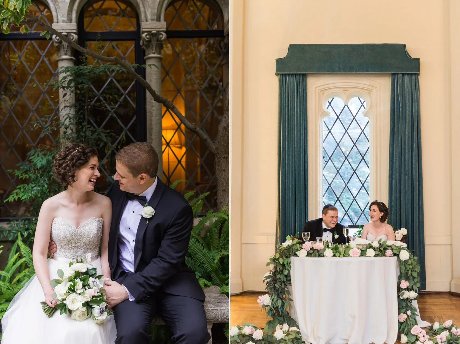 Bride and groom sitting on a bench