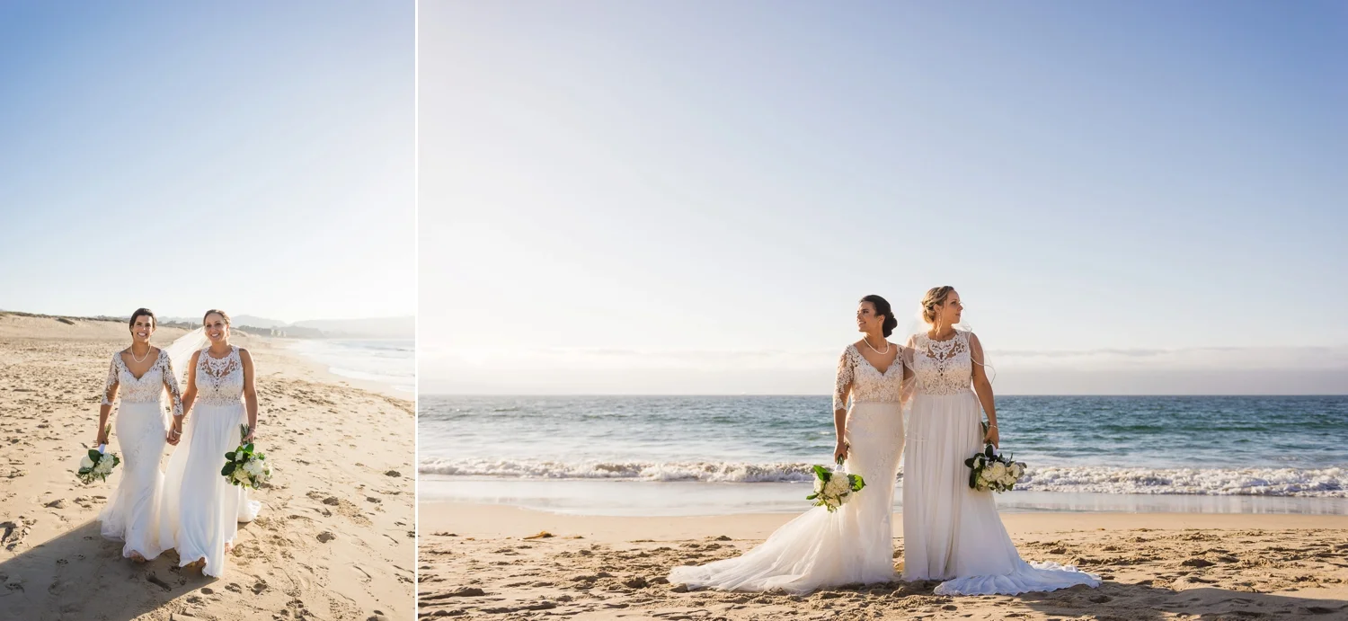 Two brides posing for portraits on the beach